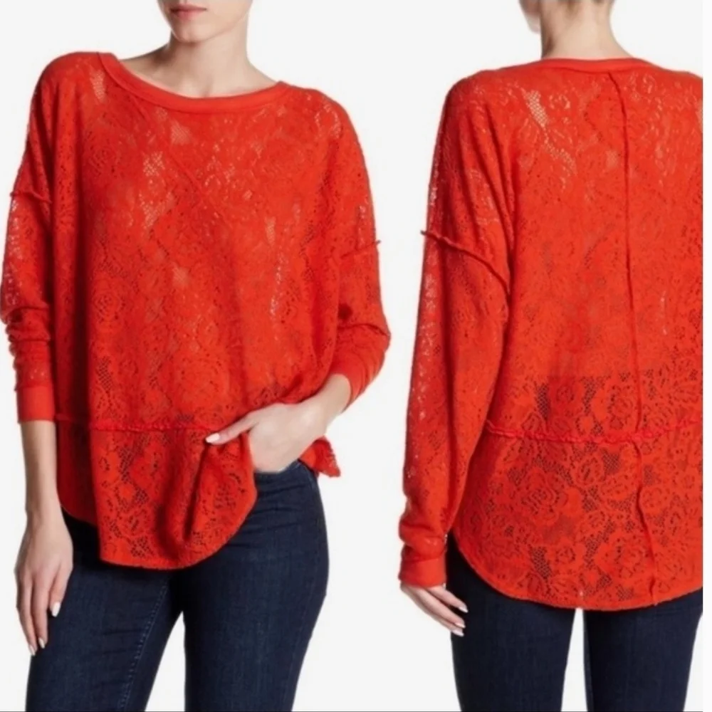 ❤️ FREE PEOPLE NOT COLD IN THIS LACE TOP, VIBRANT ORANGE, MEDIUM